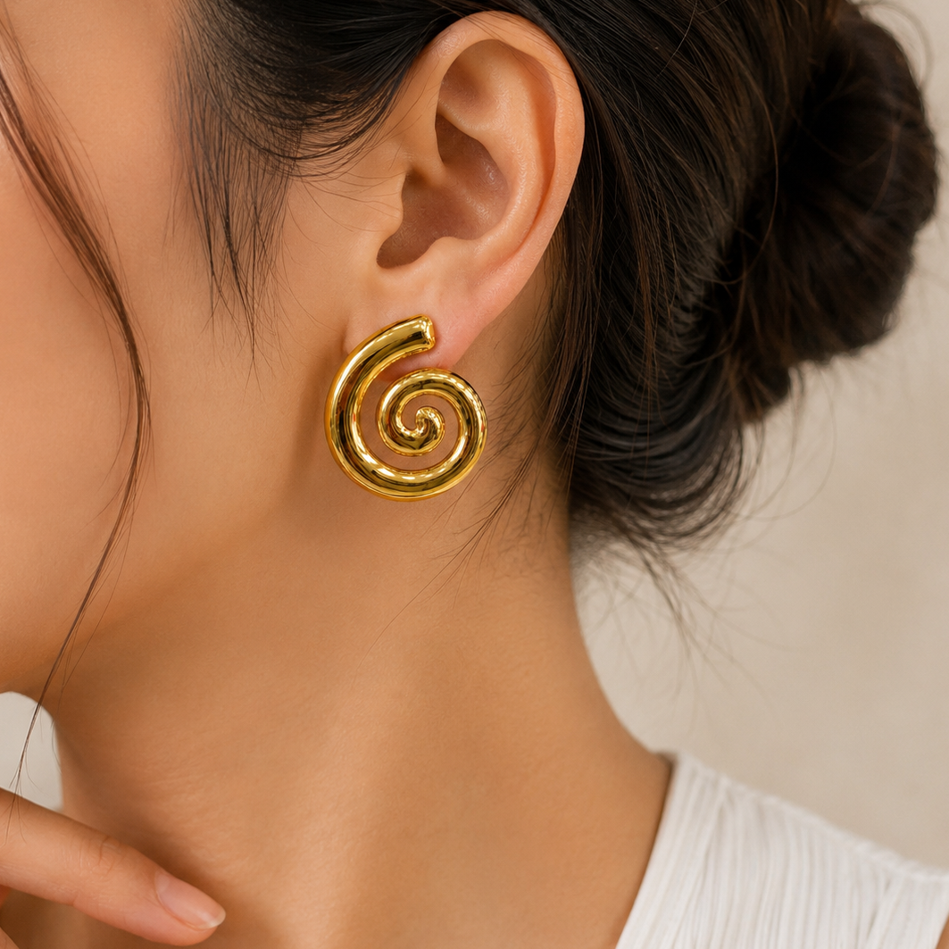 Gold spiral stainless steel earrings pair on display card