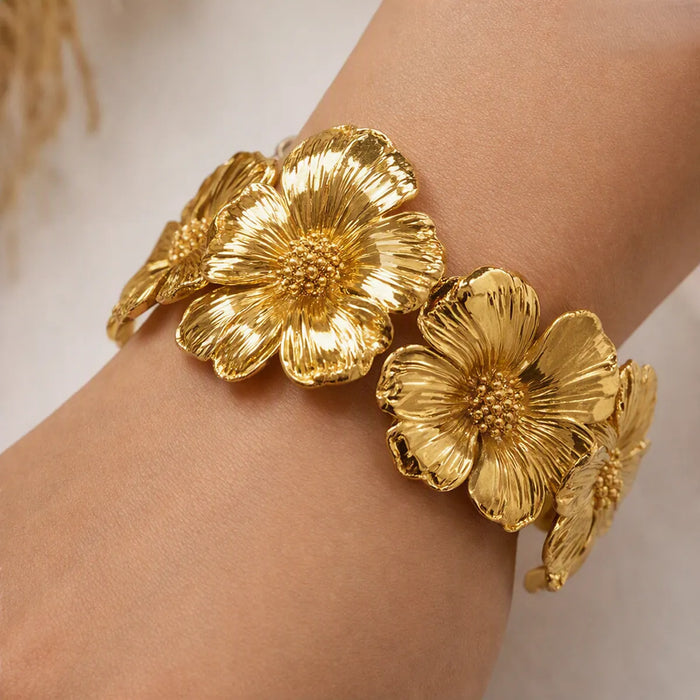 Golden Floral Statement Cuff Bracelet for Women