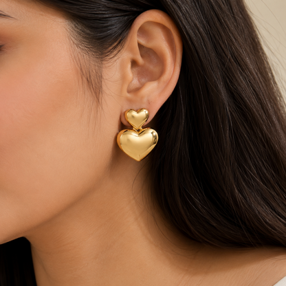 Gold Double Heart Drop Earrings worn by model
