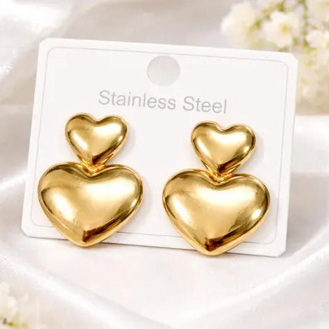 Gold Double Heart Drop Earrings on card
